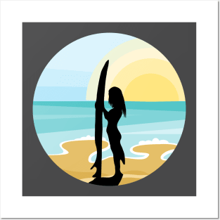 Surfer Girl and Surf Board, Sunset Beach Posters and Art